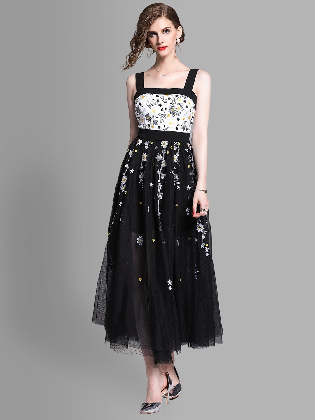 

JC Collection Black & White Floral Embroidered Strappy Maxi Dress
