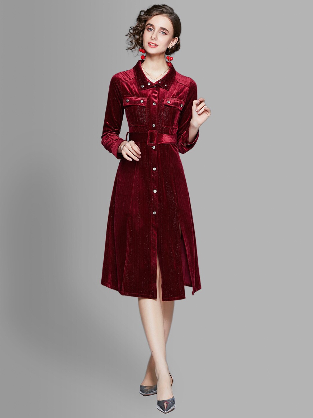 

JC Collection Maroon Belted Shirt Midi Dress