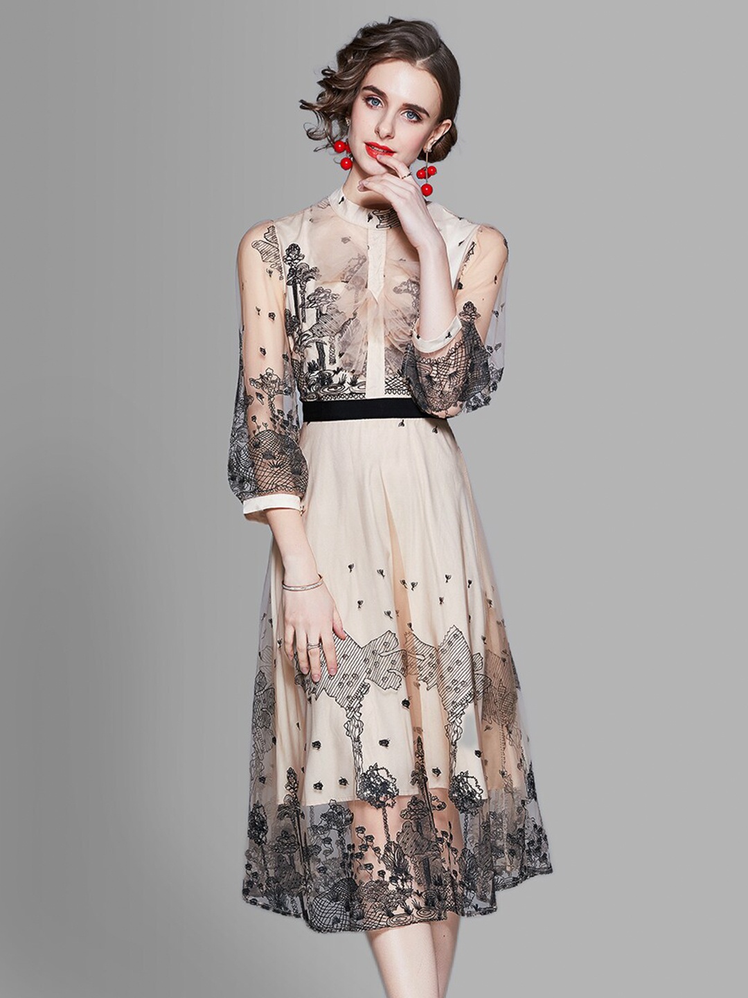 

JC Collection Women Beige & Black Ethnic Motifs Fit & Flare Midi Dress