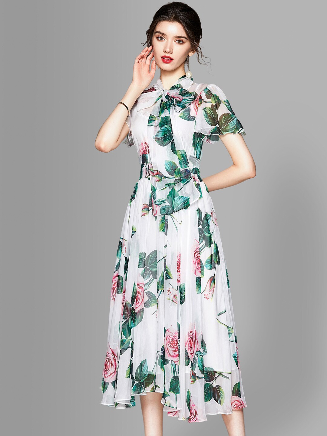 

JC Collection White & Green Floral Tie-Up Neck Midi Dress