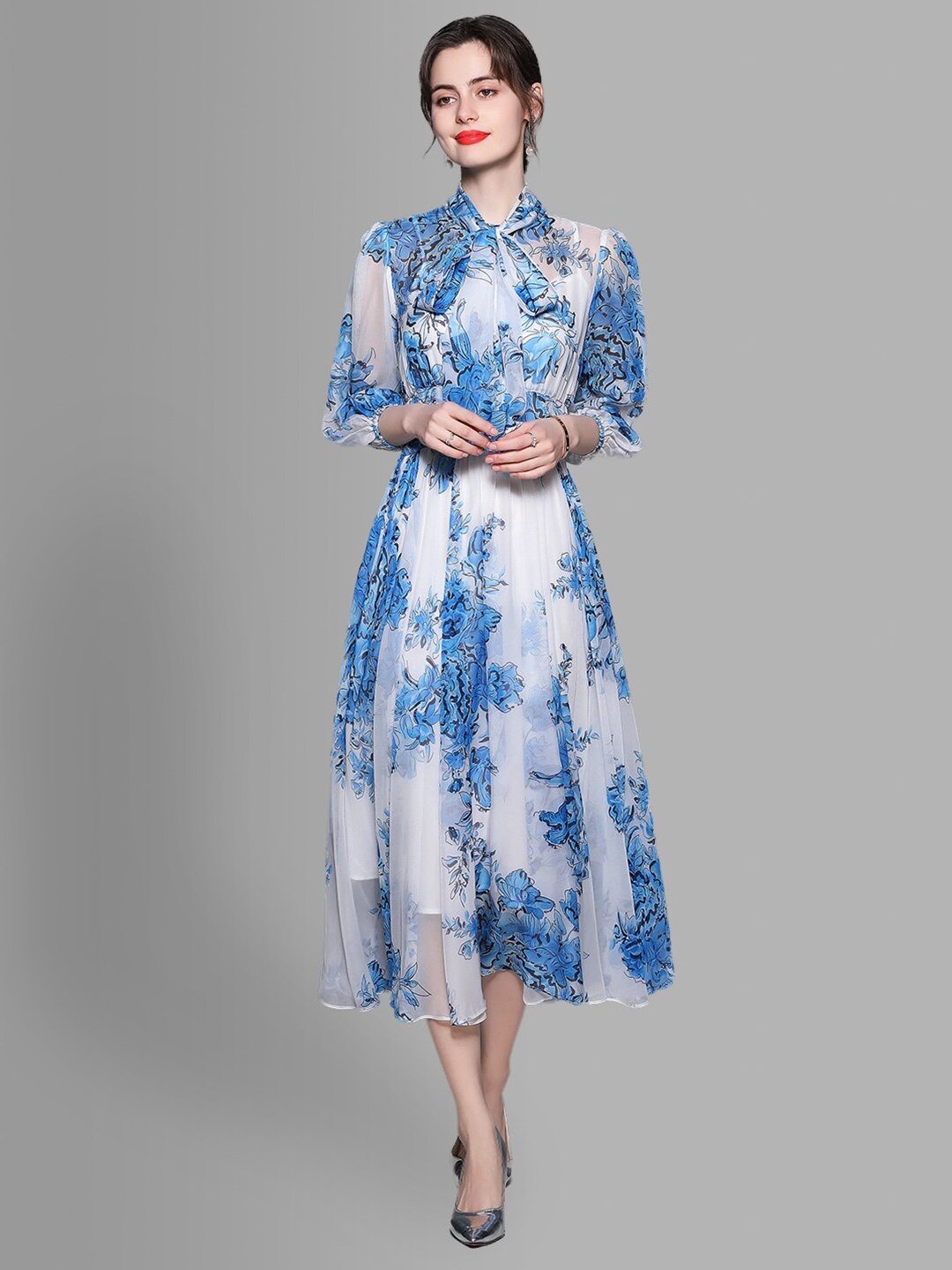 

JC Collection Women Blue & White Floral Tie-Up Neck Shirt Midi Dress