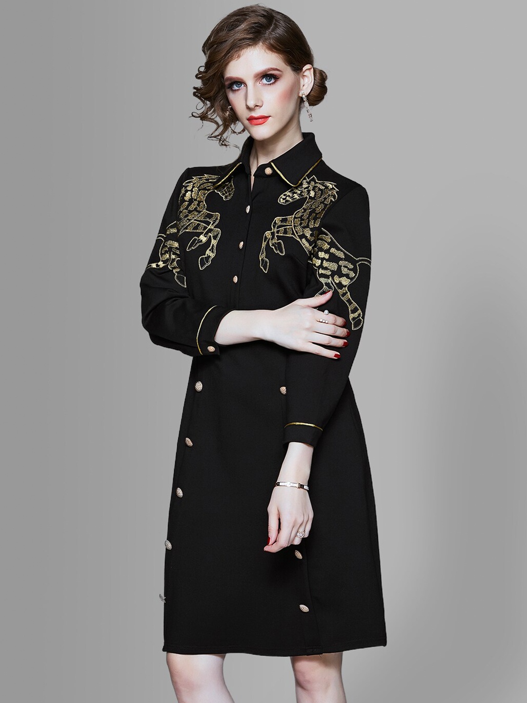 

JC Collection Black & Gold-Toned Embroidered Shirt Dress