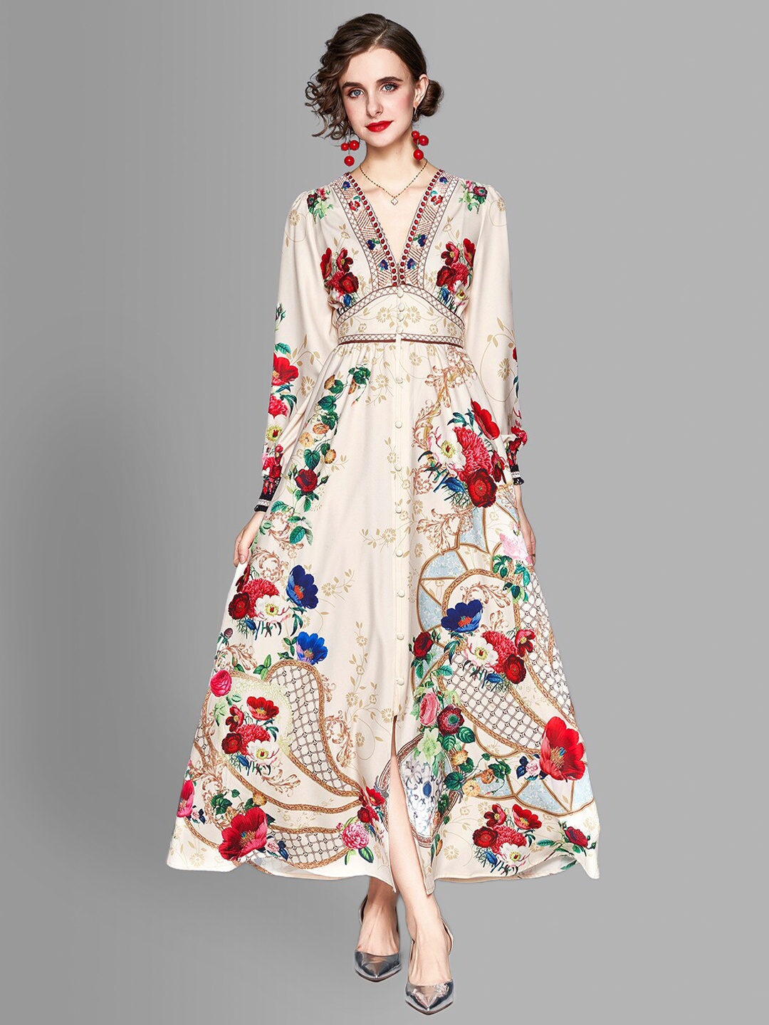 

JC Collection Women Cream-Coloured & Red Floral Maxi Dress