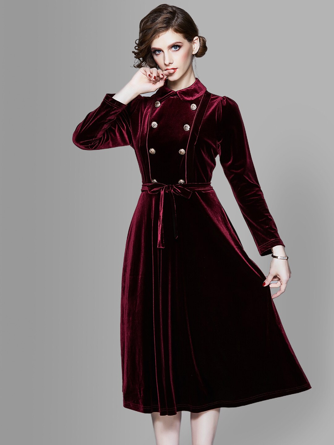 

JC Collection Maroon Belted Peter Pan Collar Shirt Midi Dress