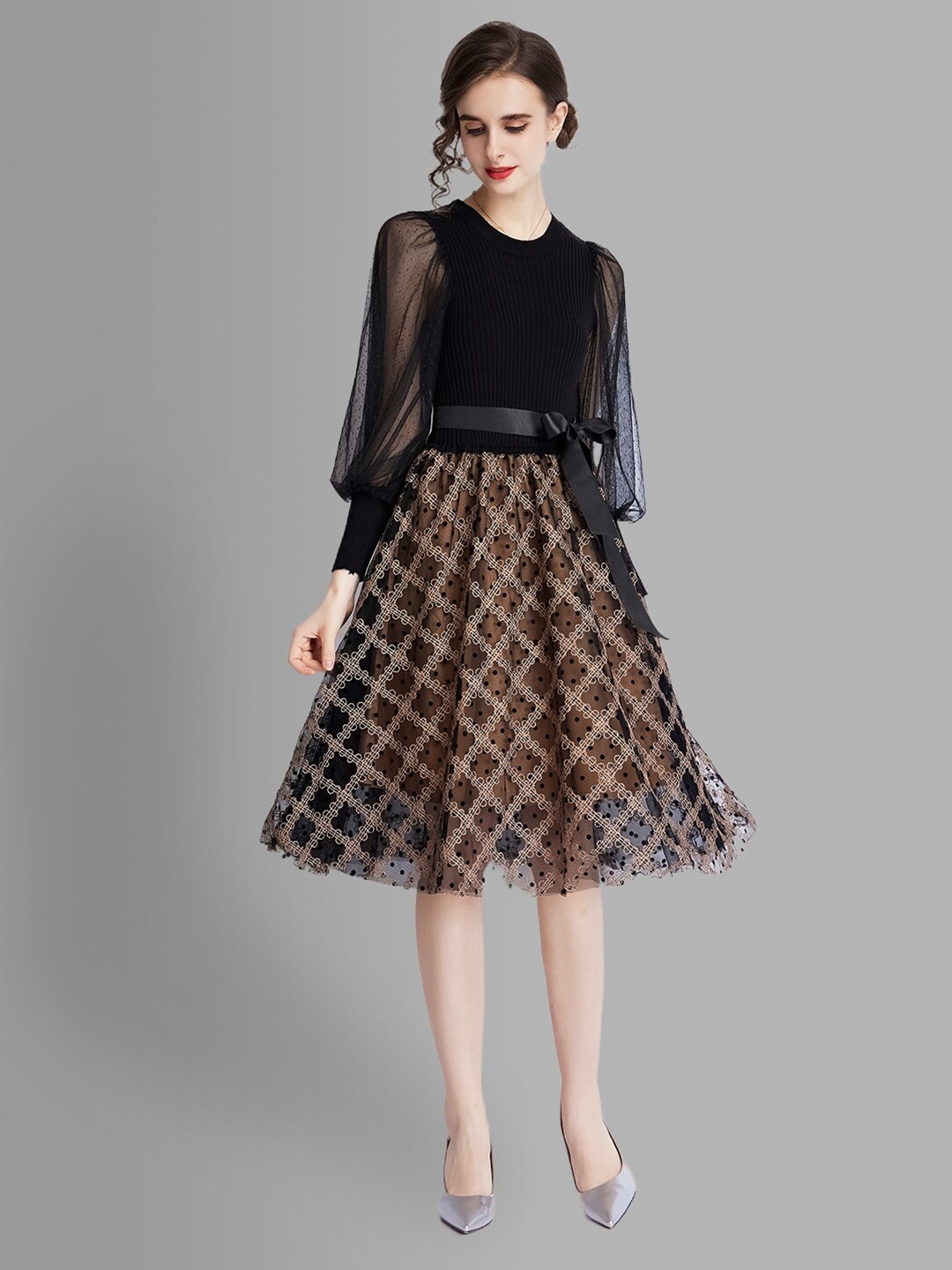 

JC Collection Women Black & Beige Checked Dress