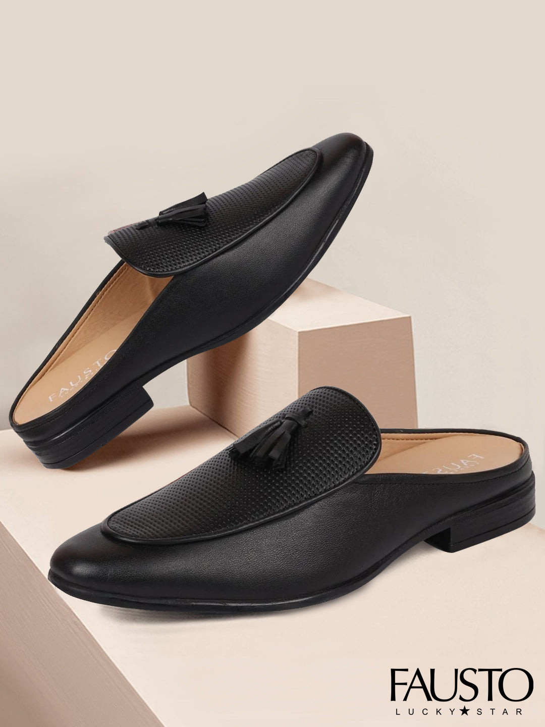 

FAUSTO Men Black Perforations Lightweight Leather Mules