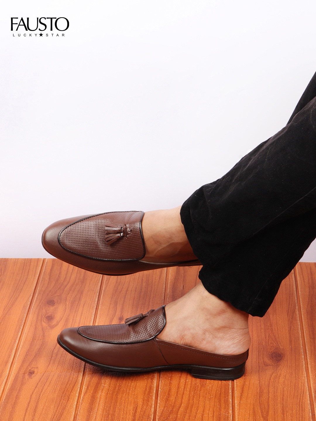 

FAUSTO Men Brown Perforations Lightweight Leather Mules