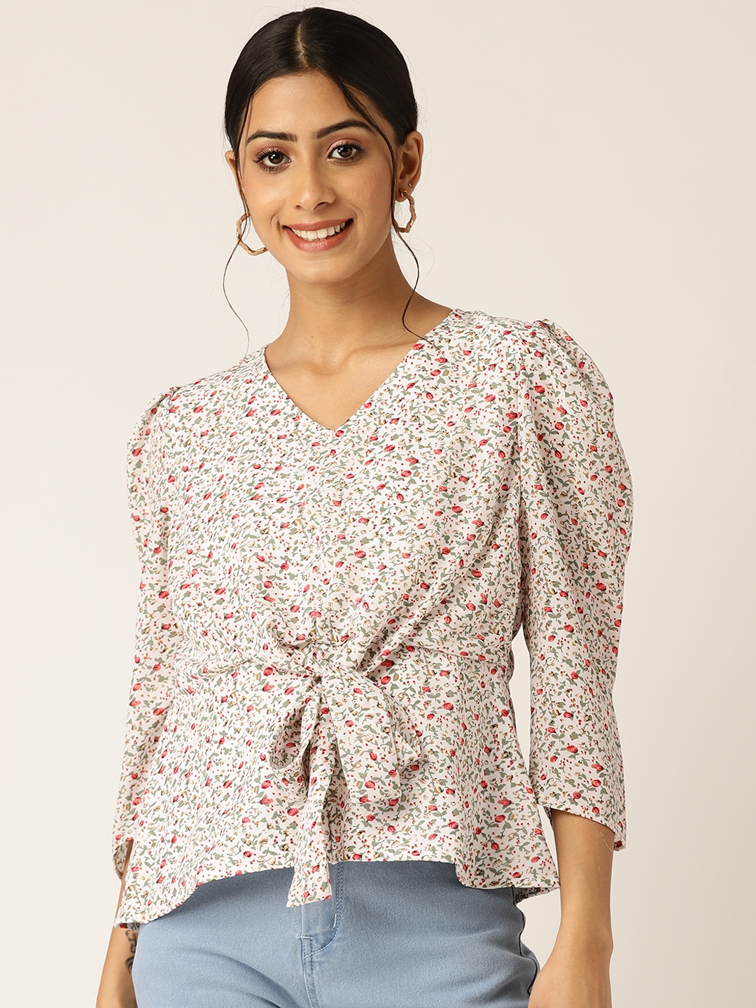 

BROOWL Off White & Green Floral Print Top
