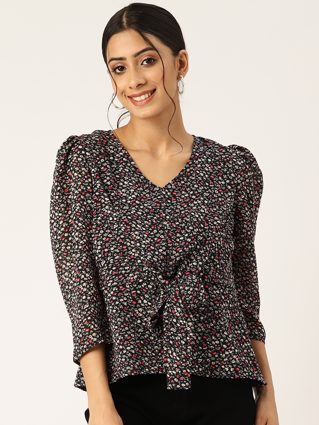 

BROOWL Black & Green Floral Print Top