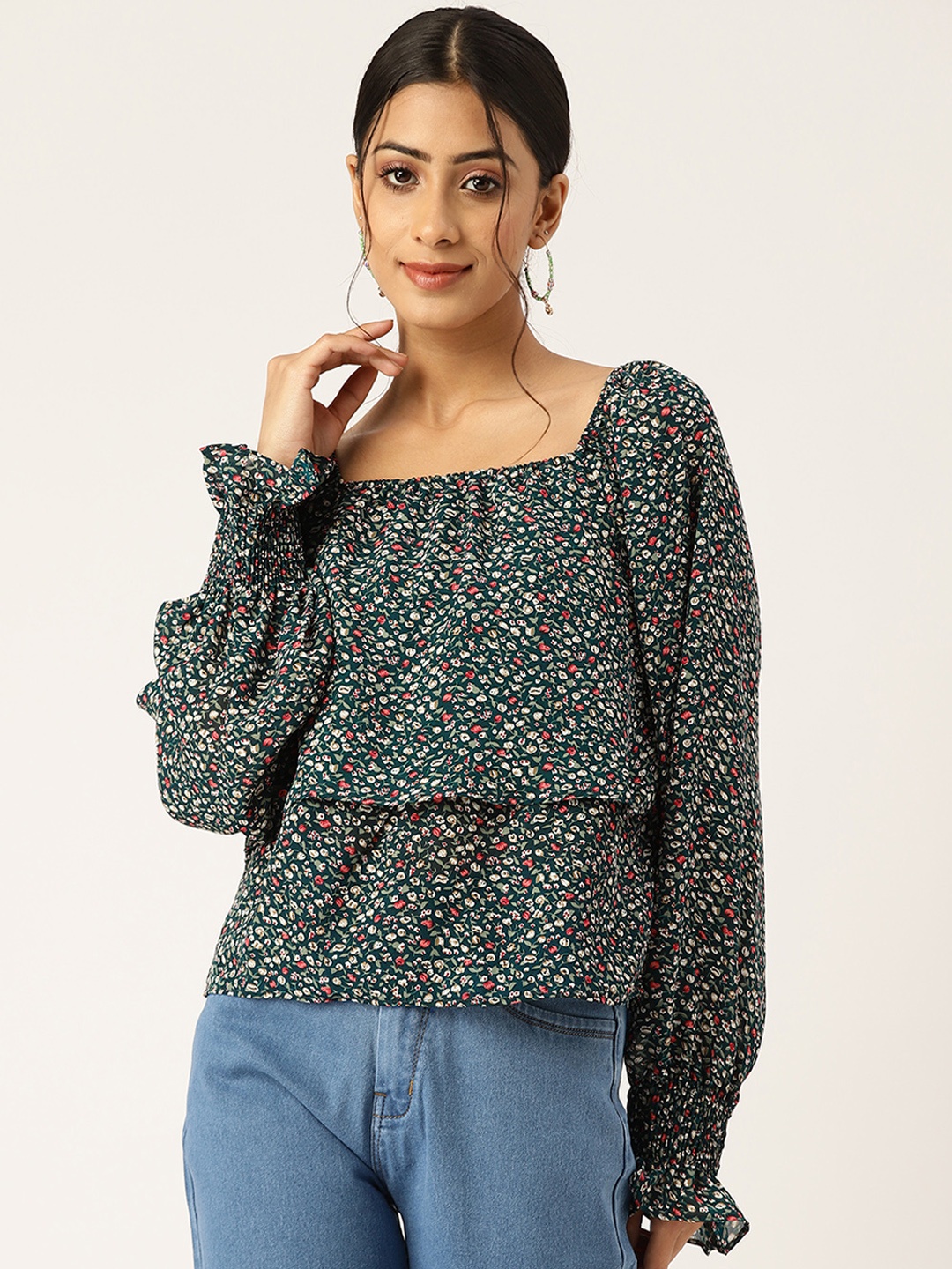 

BROOWL Green & Pink Floral Print Layered Top