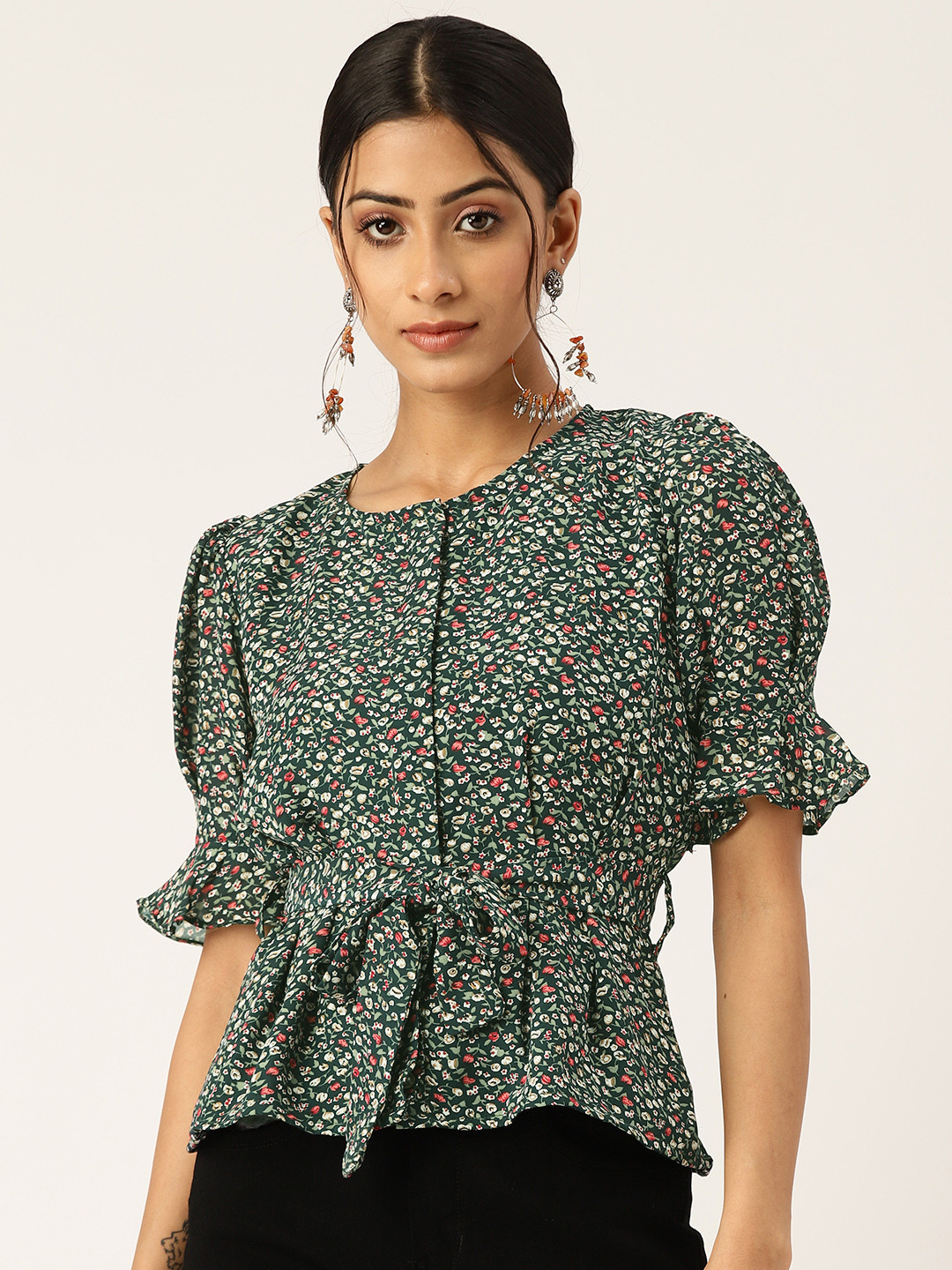 

BROOWL Green & Pink Floral Print Cinched Waist Top