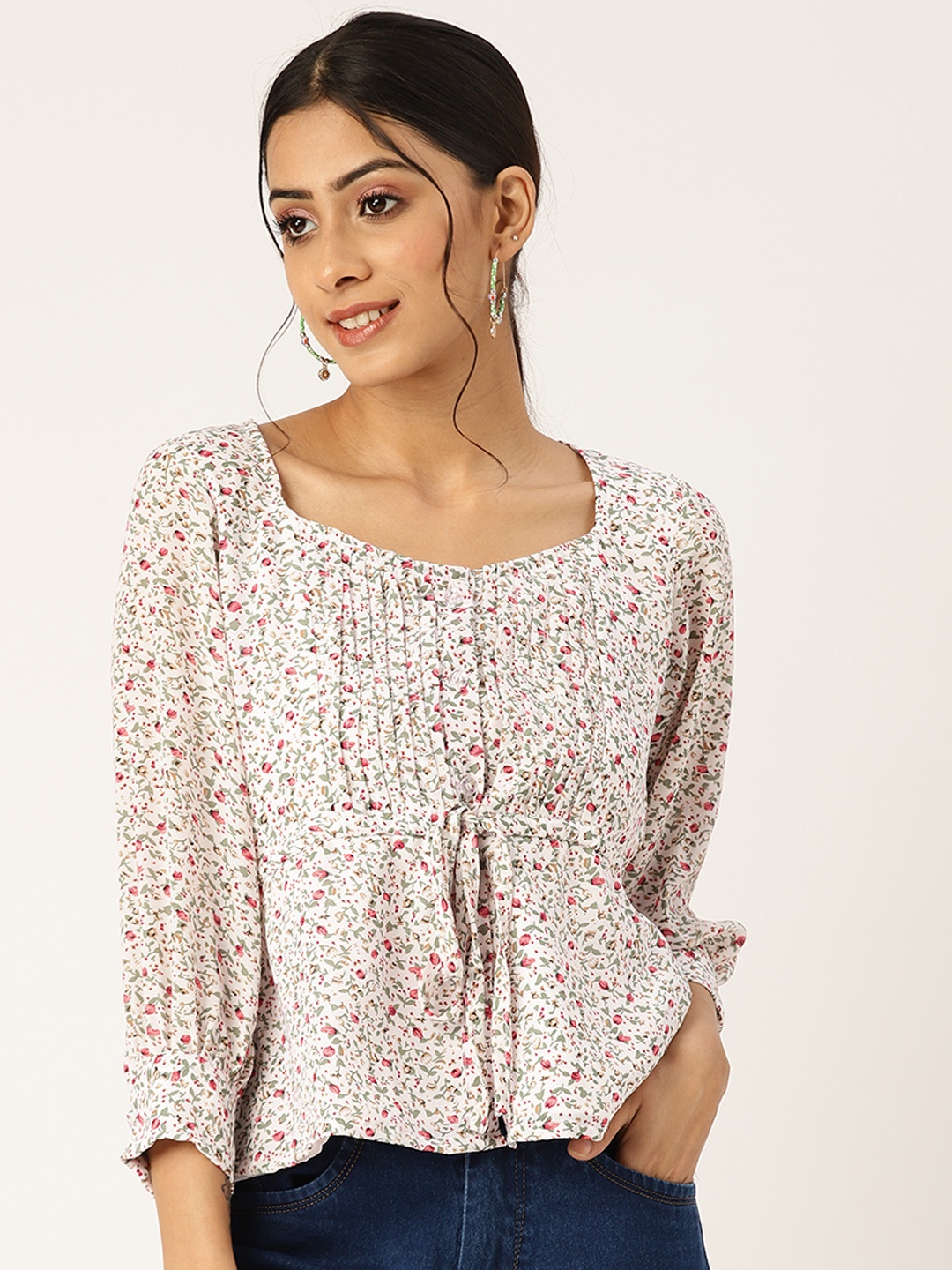 

BROOWL Off White & Pink Floral Print Cinched Waist Top