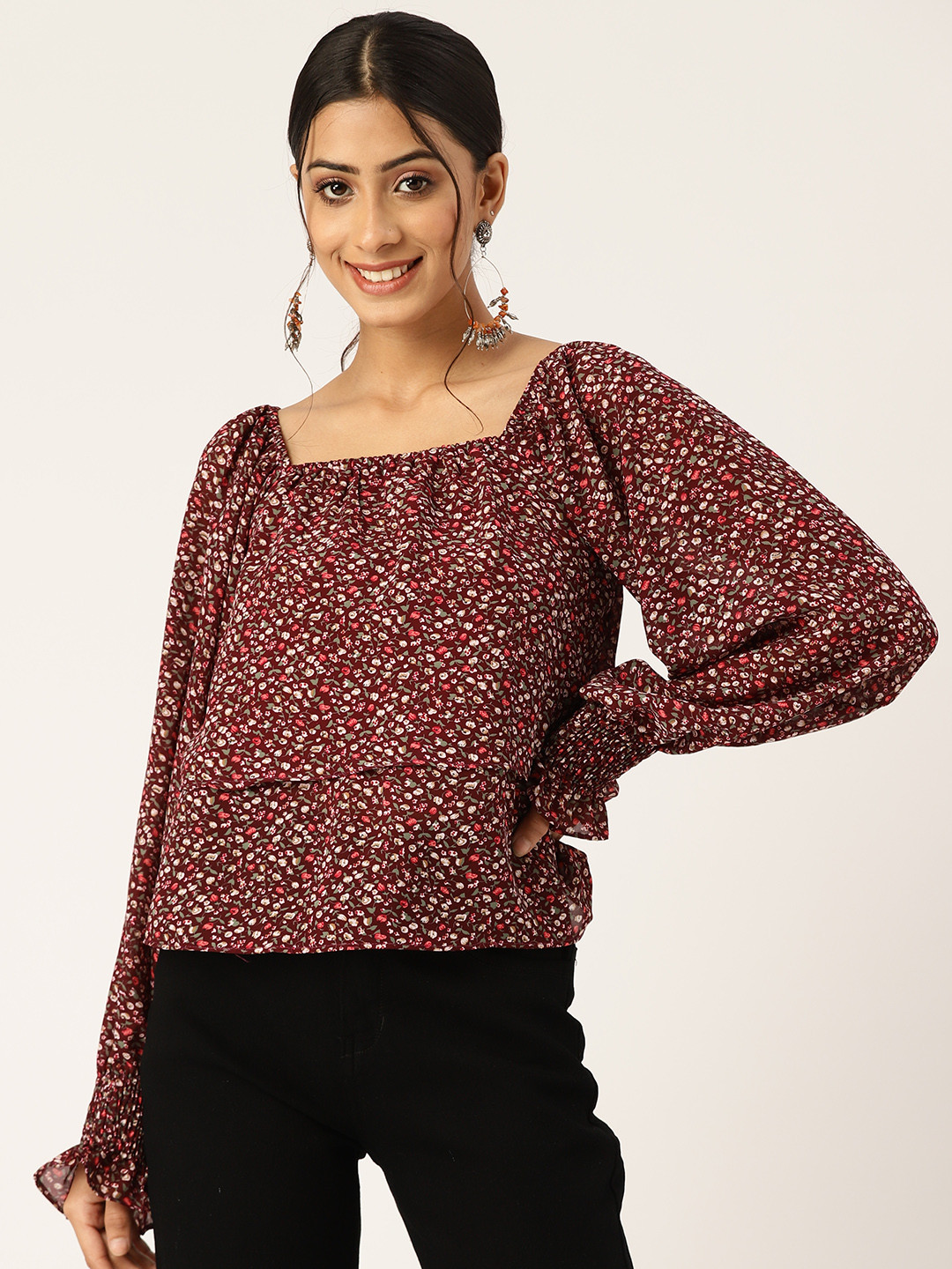 

BROOWL Maroon & Grey Floral Print Layered Top
