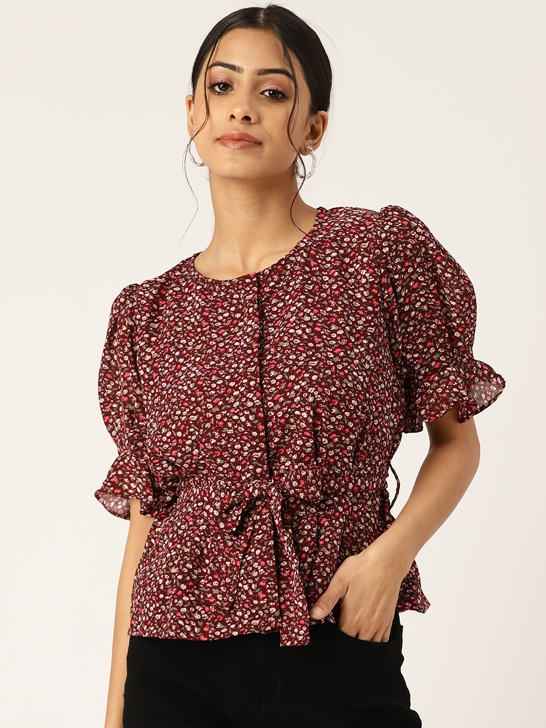 

BROOWL Maroon & Green Floral Print Cinched Waist Top