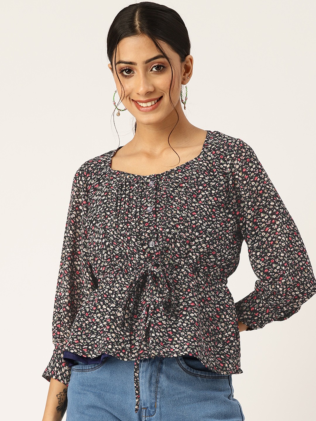 

BROOWL Charcoal Grey & Pink Floral Print Cinched Waist Top