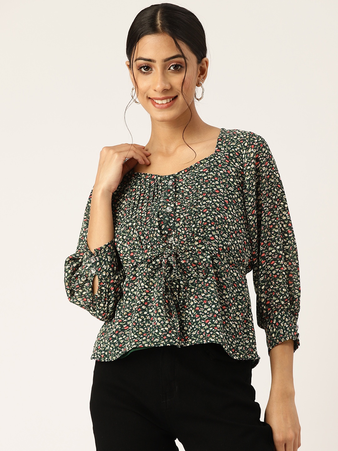 

BROOWL Green & Pink Floral Print Cinched Waist Top