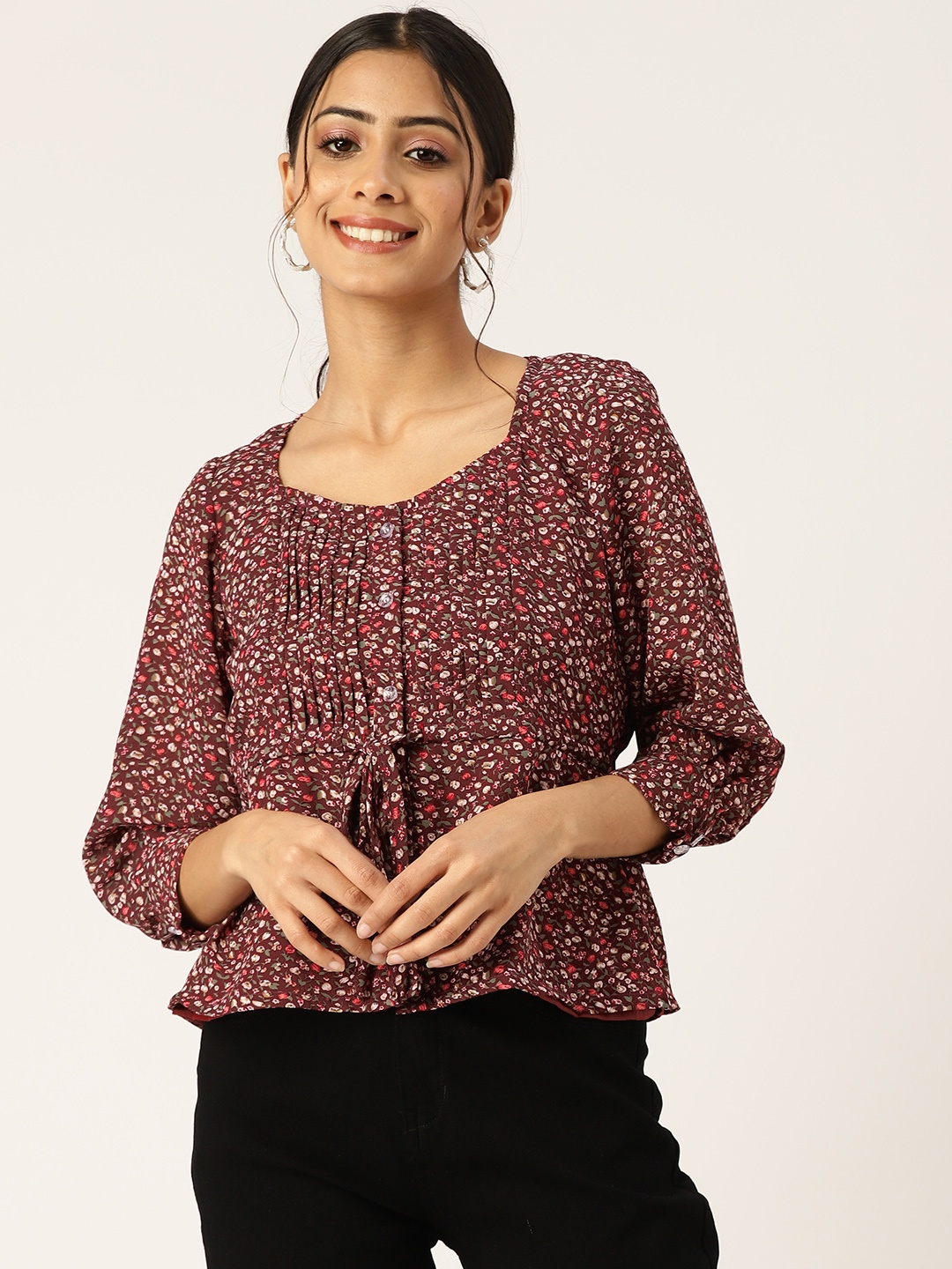 

BROOWL Maroon & Green Floral Print Cinched Waist Top