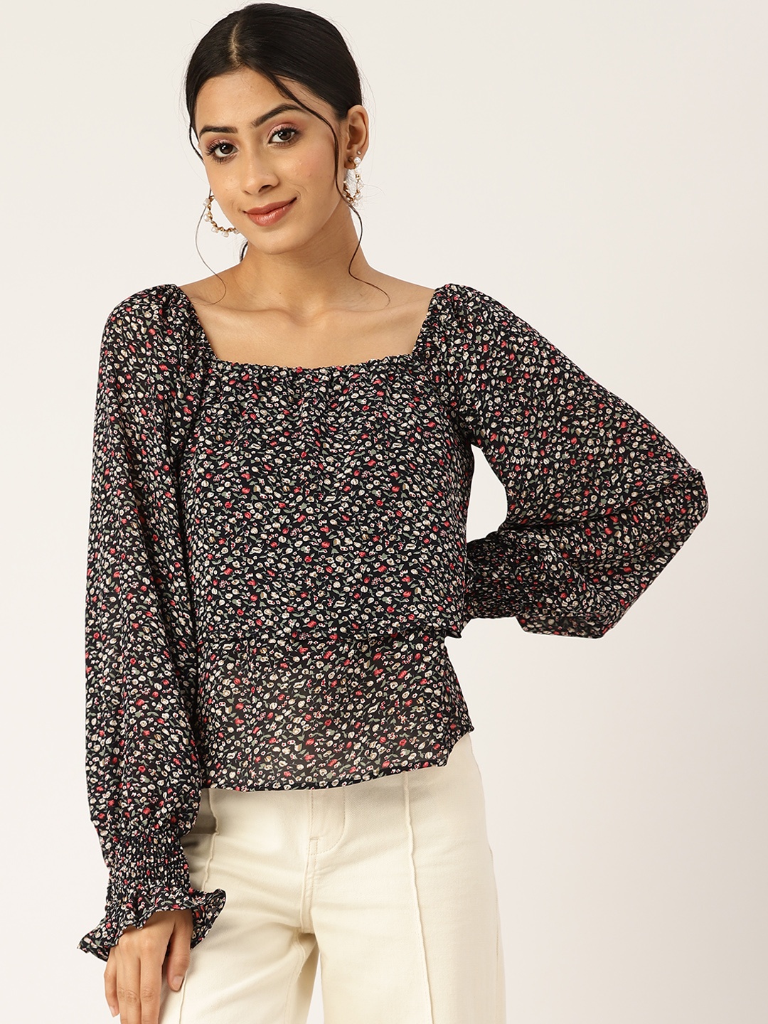 

BROOWL Black & Green Floral Print Layered Top