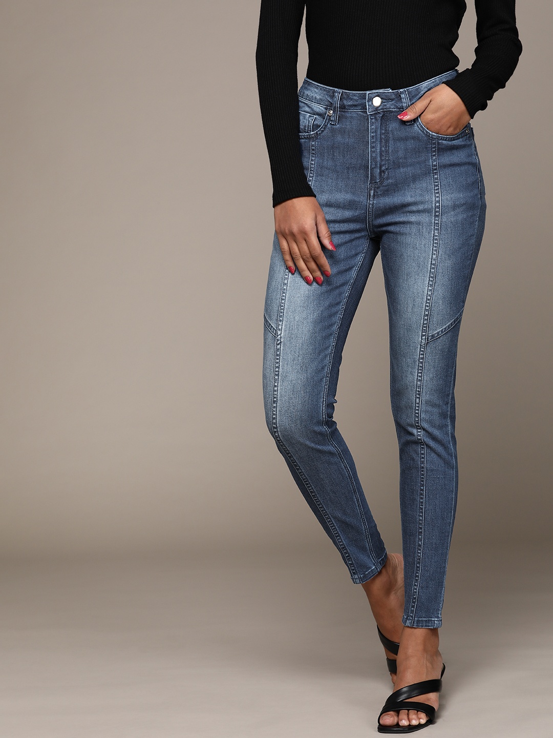 

bebe Women Dark Indigo Denim Daze Super Skinny Fit High-Rise Light Fade Stretchable Jeans, Blue