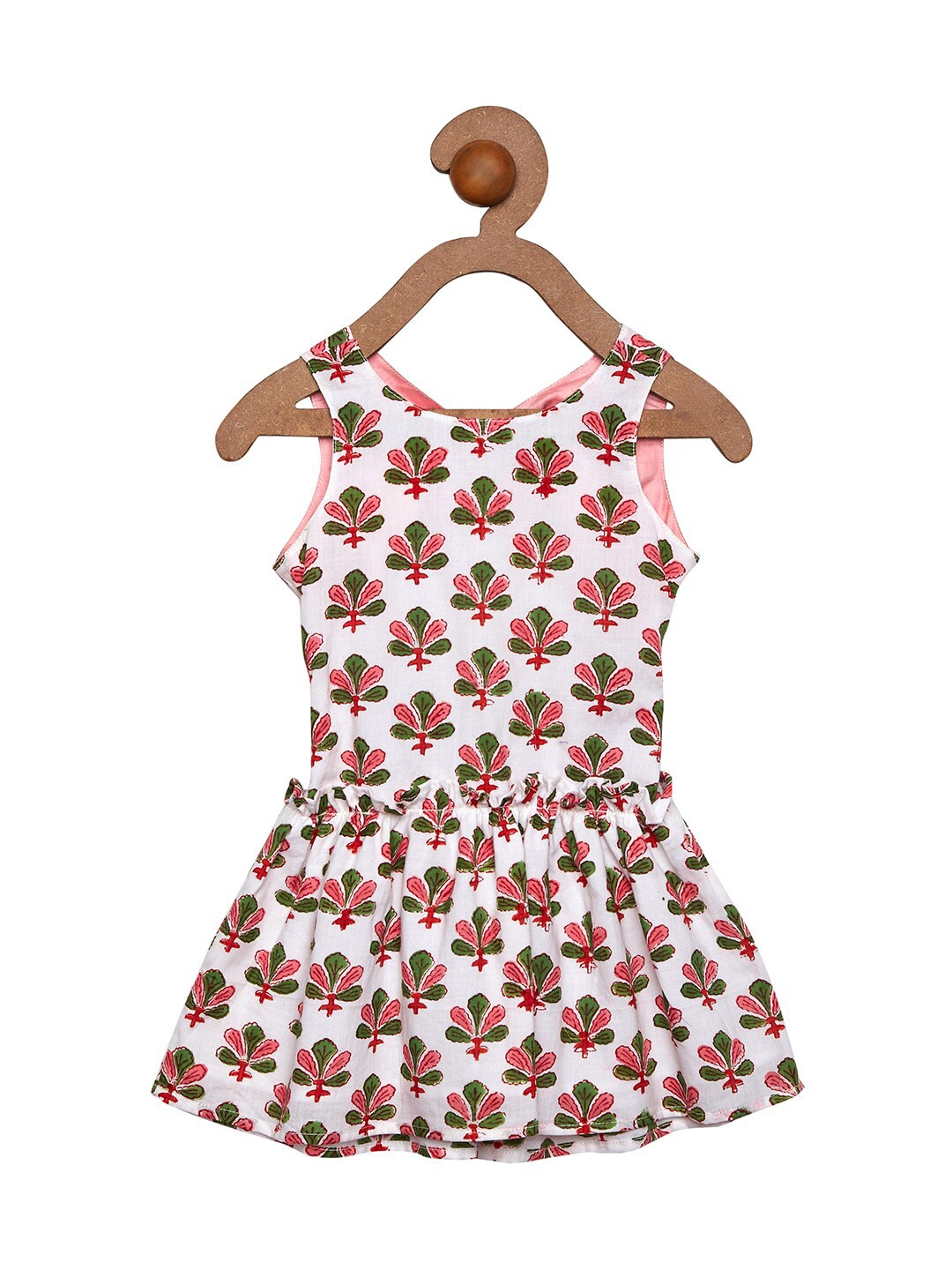 

charkhee Girls White & Green Floral Drop-Waist Back Knot Cotton Dress