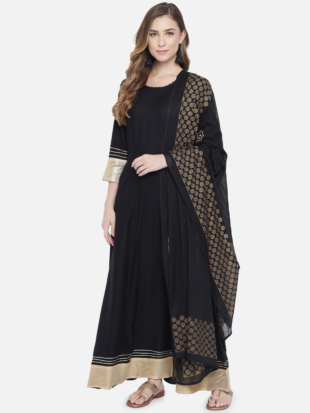 

Prakhya Women Black & Gold-Toned Ethnic Motifs Anarkali Kurta