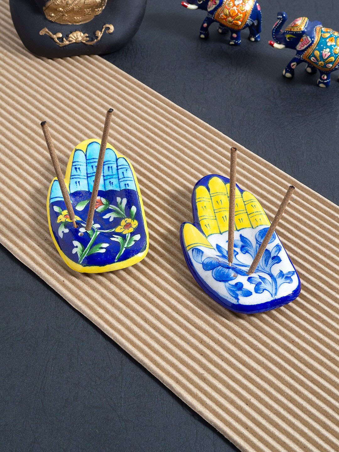

Golden Peacock Set of 2 Blue Pottery Ceramic Decorative Incense Stick Holder