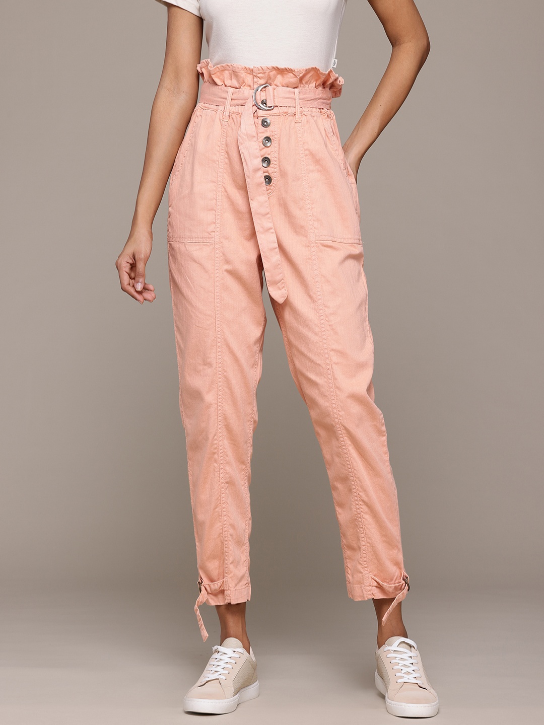 

The Roadster Lifestyle Co. Women High-Rise Belted Denim Trousers, Peach