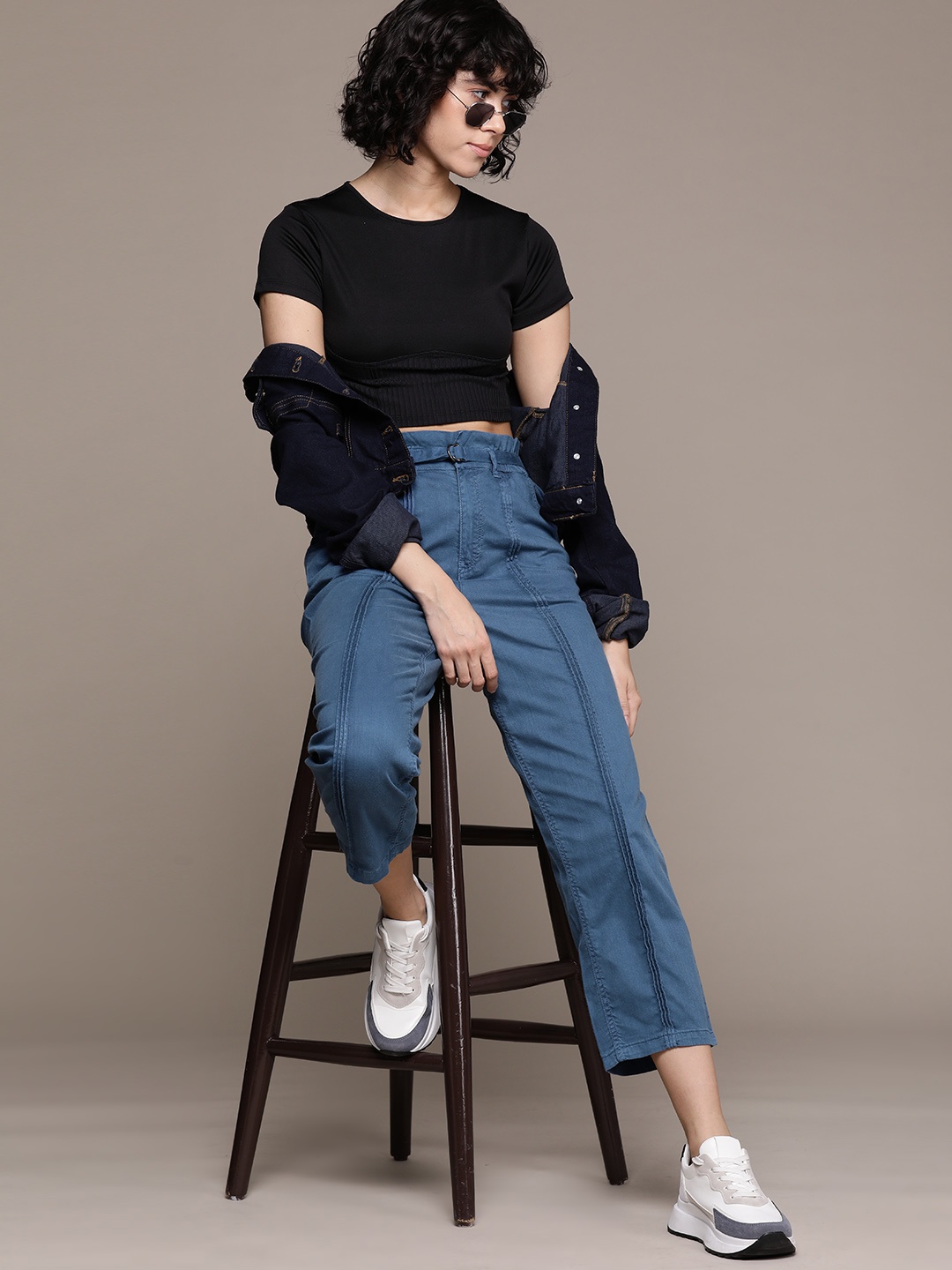 

The Roadster Lifestyle Co. Women Panelled Trousers with Belt, Blue
