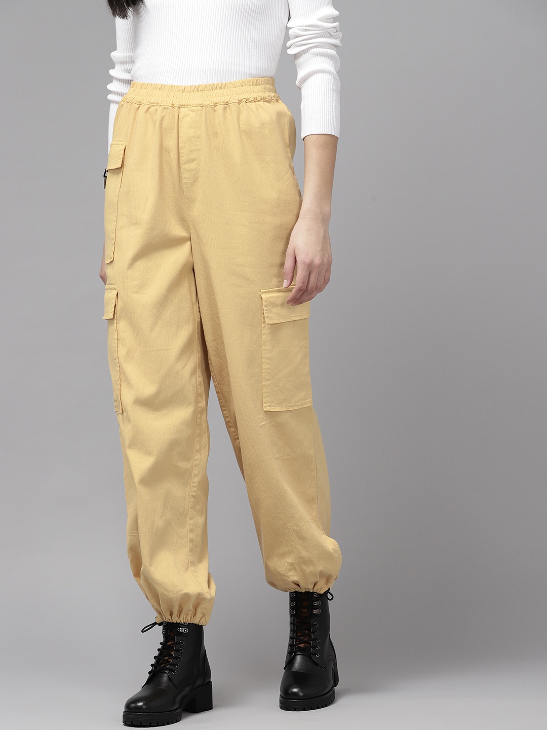 

The Roadster Lifestyle Co. Women Pure Cotton Cargos Trousers, Yellow