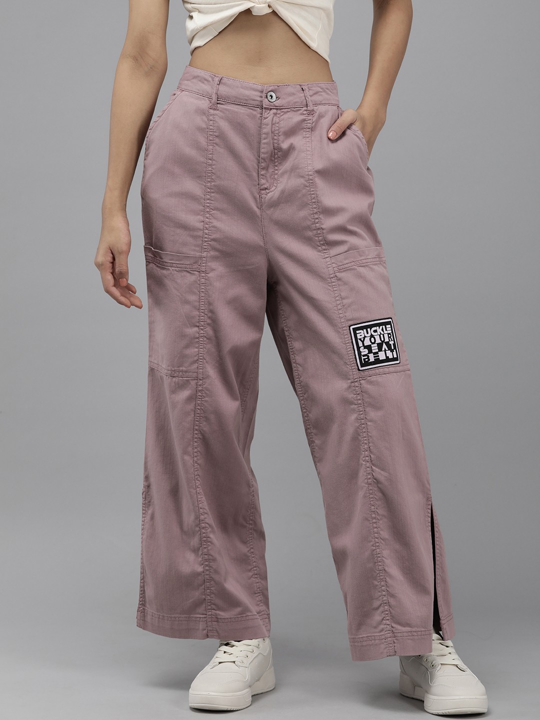 

The Roaster Lifestyle Co. Women Pure Cotton Mid Rise Parallel Trousers With Side Slits, Mauve