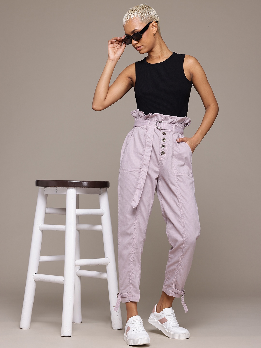 

The Roadster Lifestyle Co. Women High-Rise Belted Denim Trousers, Lavender