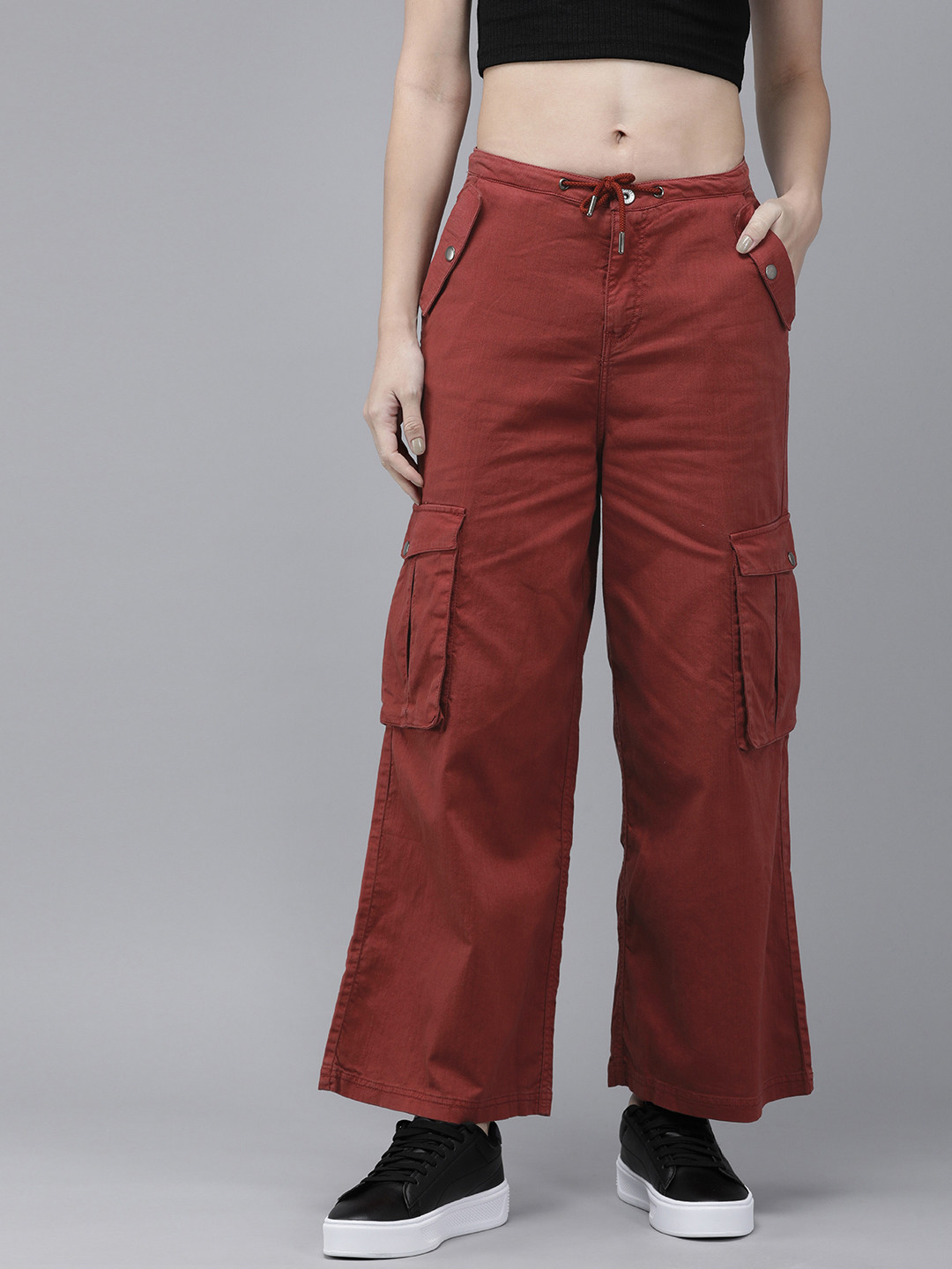 

The Roadster Lifestyle Co. Women Straight Fit Cargos Trousers, Rust