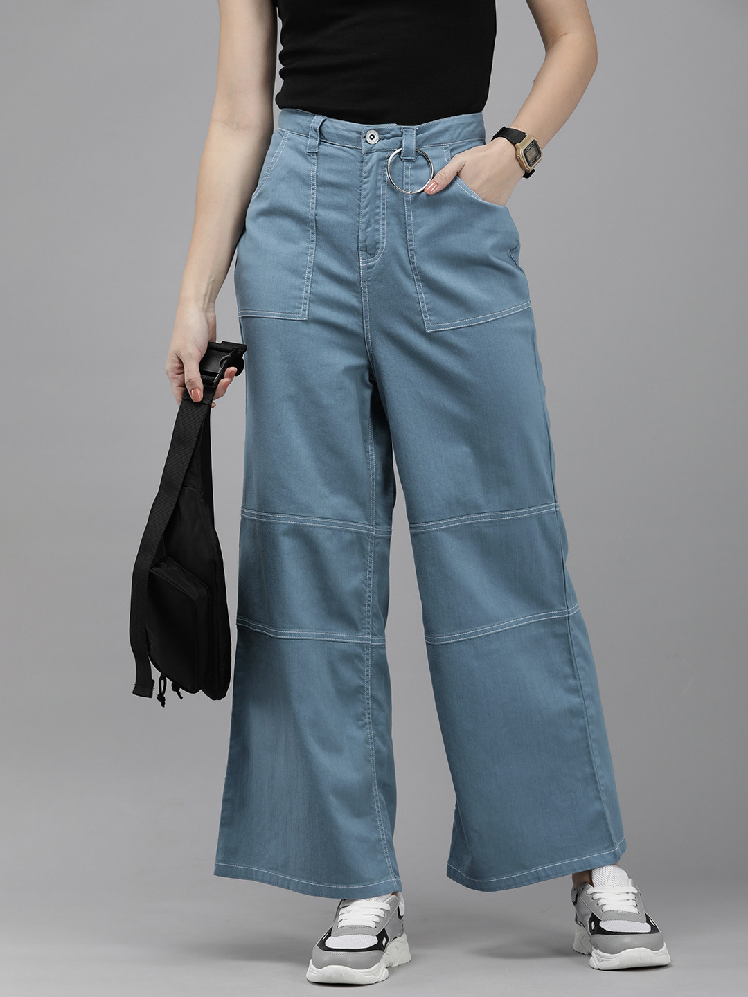 

The Roaster Lifestyle Co. Women Striped Mid Rise Parallel Trousers, Blue
