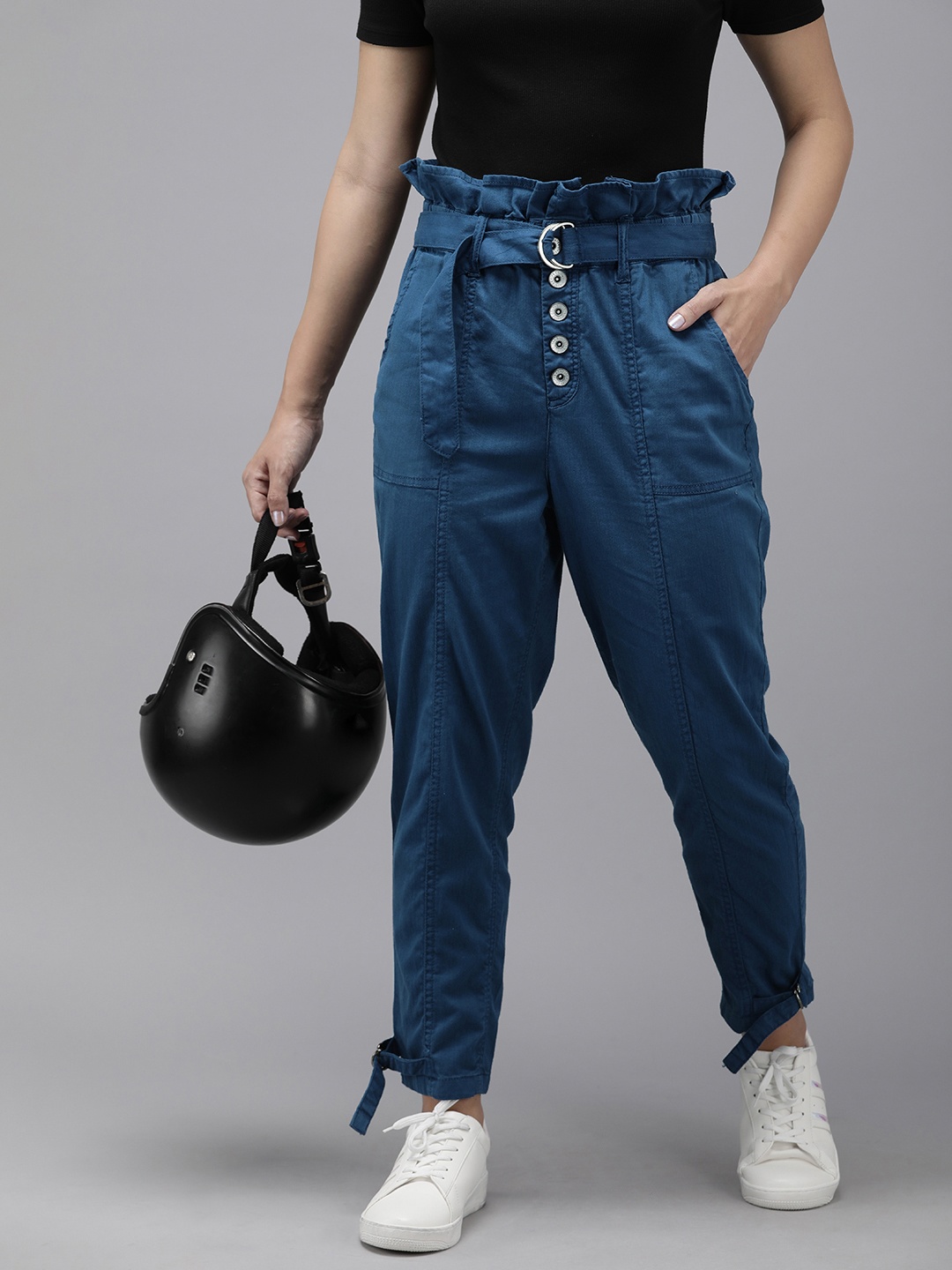 

The Roadster Life Co. Women Mid-Rise Flat Front Trouser With Belt, Blue
