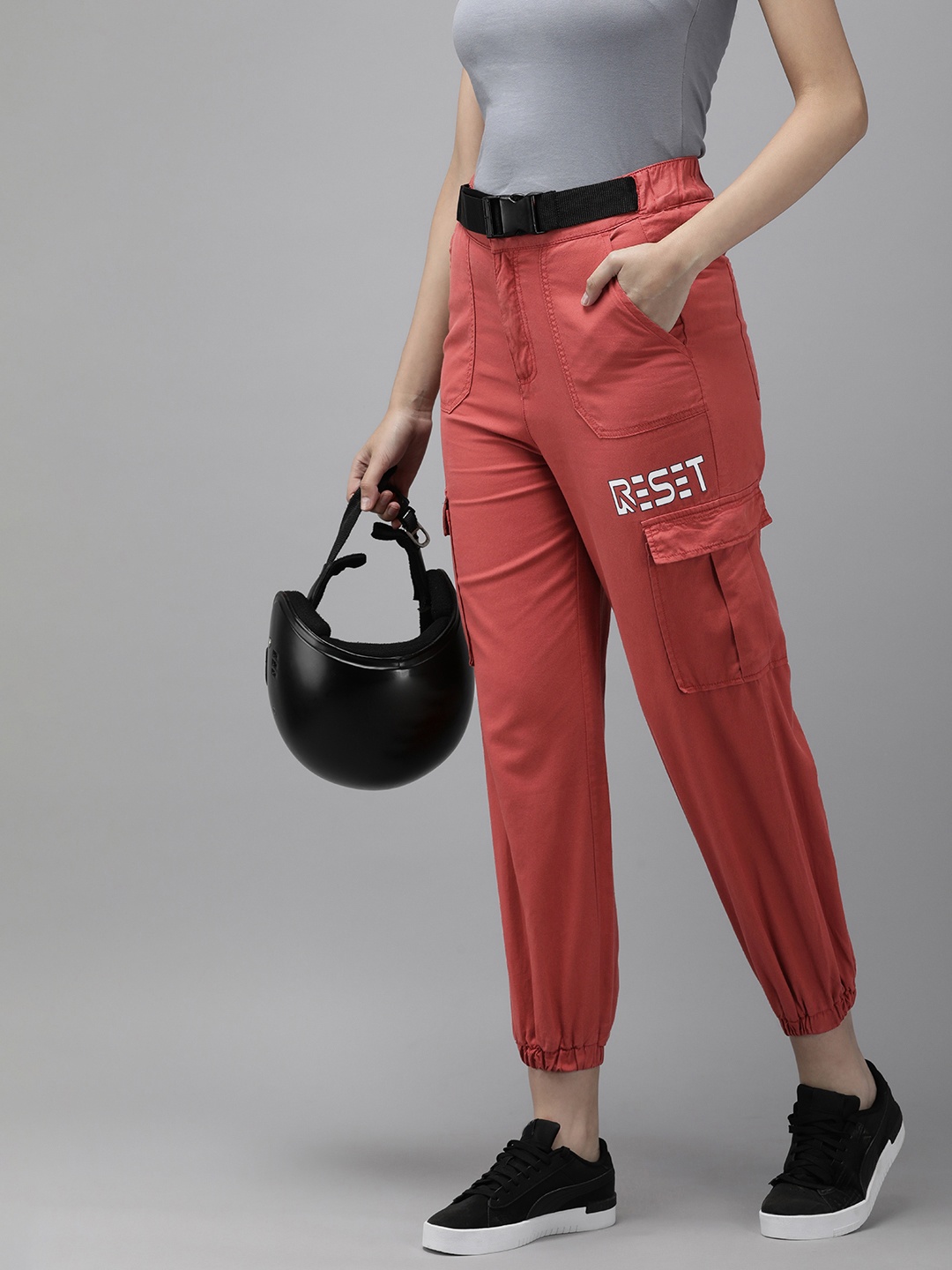 

Roadster Women High-Rise Pure Cotton Joggers, Coral