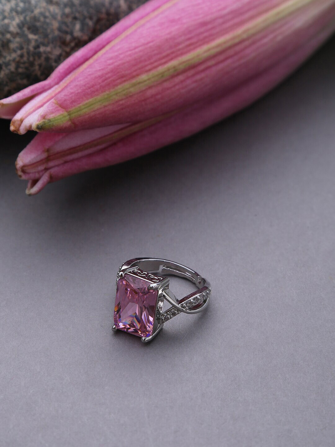 

Jewels Galaxy Silver-Plated Pink Stone-Studded Adjustable Finger Ring
