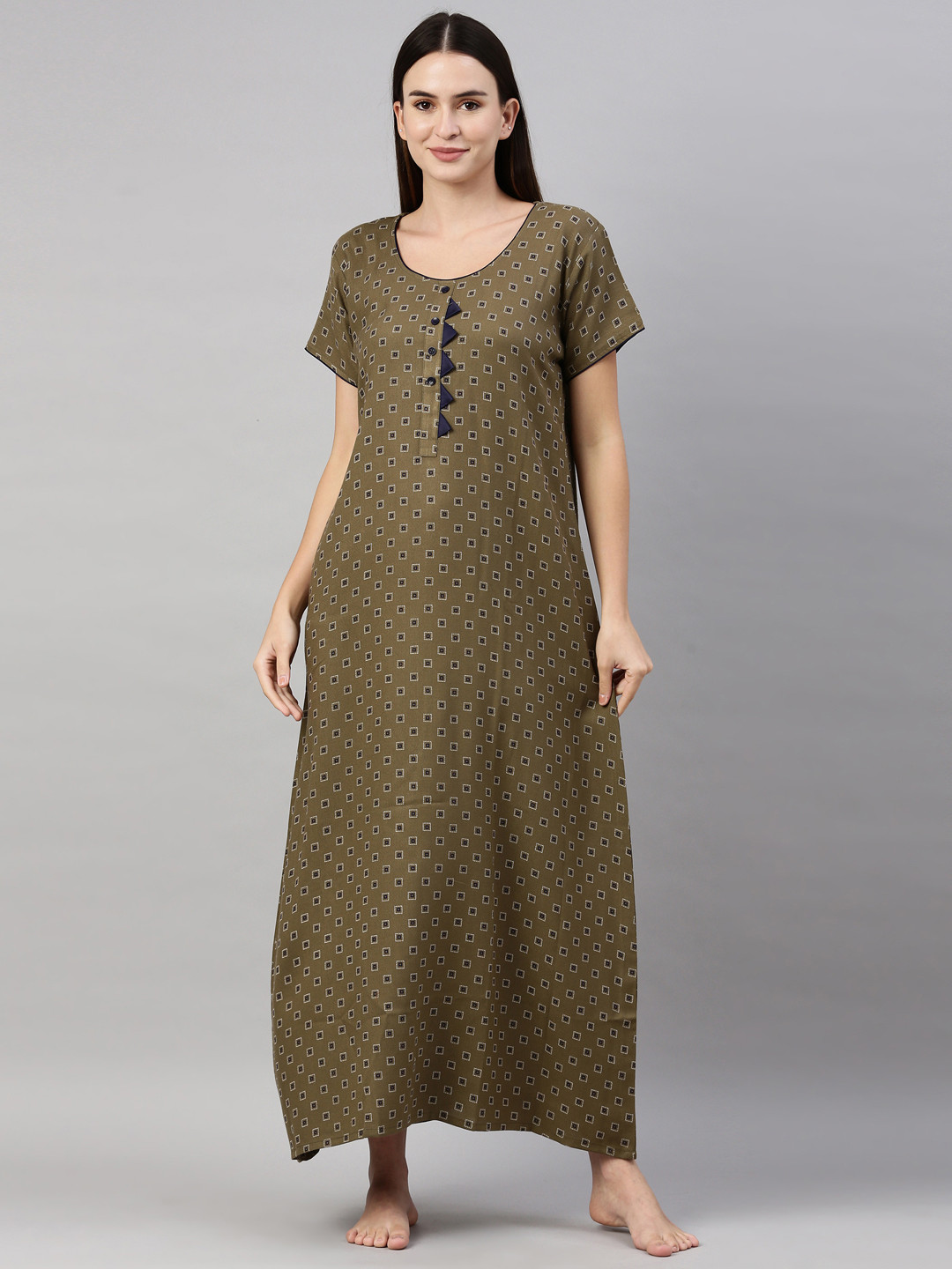 

GOLDSTROMS Olive Green Printed Maxi Nightdress