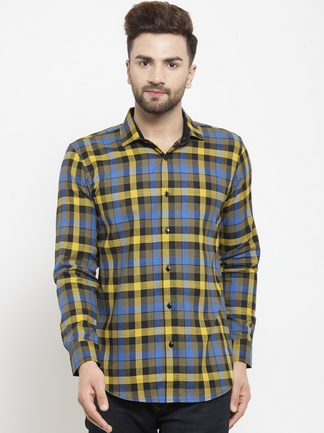 

WESTCLO Men Yellow & Blue Slim Fit Checked Cotton Casual Shirt