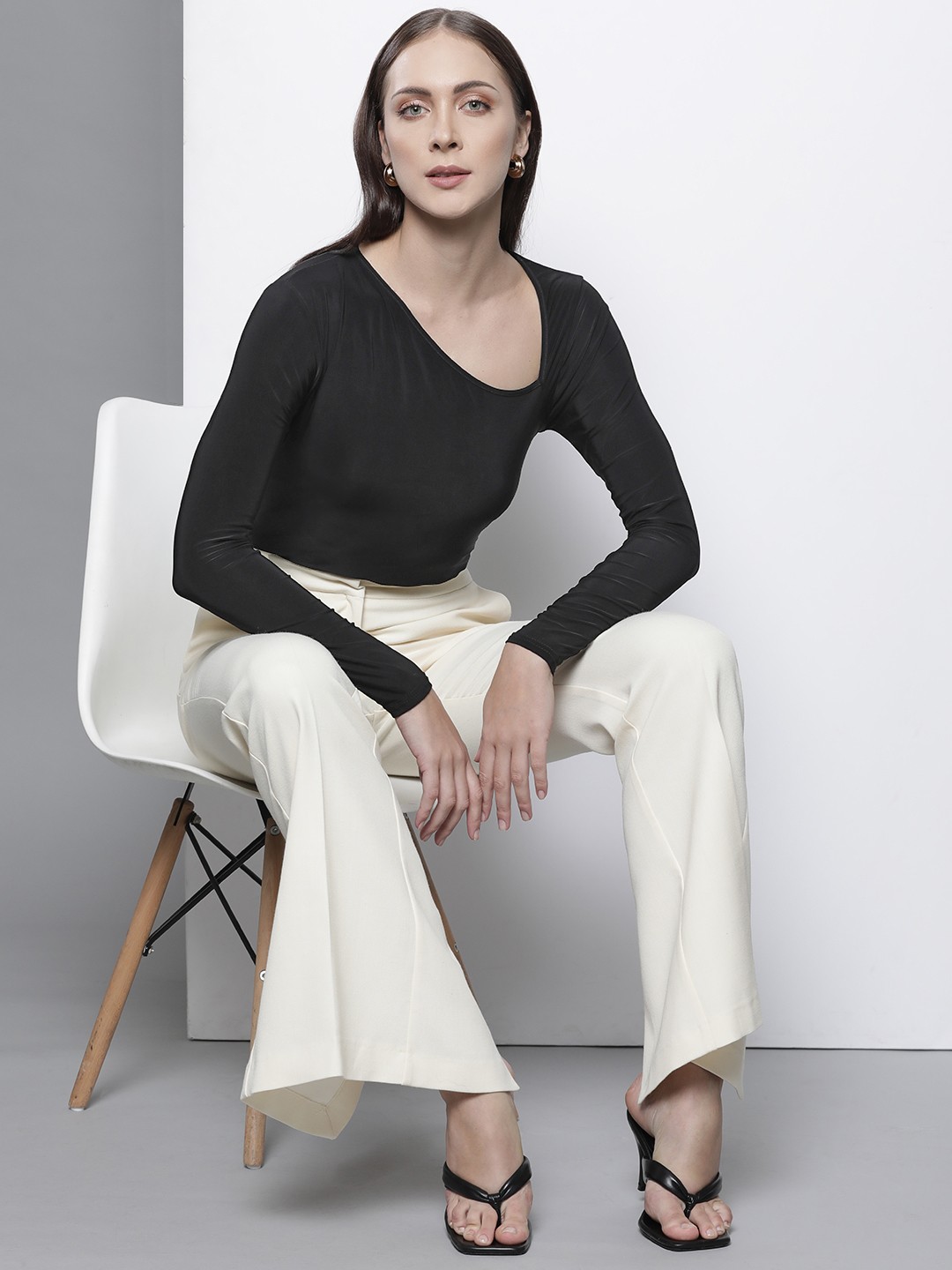 

Femme Luxe Women Black Solid Asymmetric Neck Bodysuit