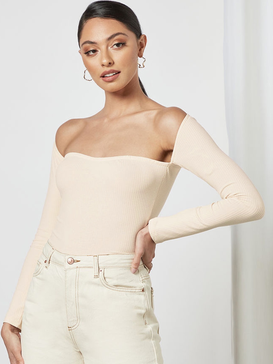 

Femme Luxe Women Beige Off-Shoulder Sleeves Bodysuit