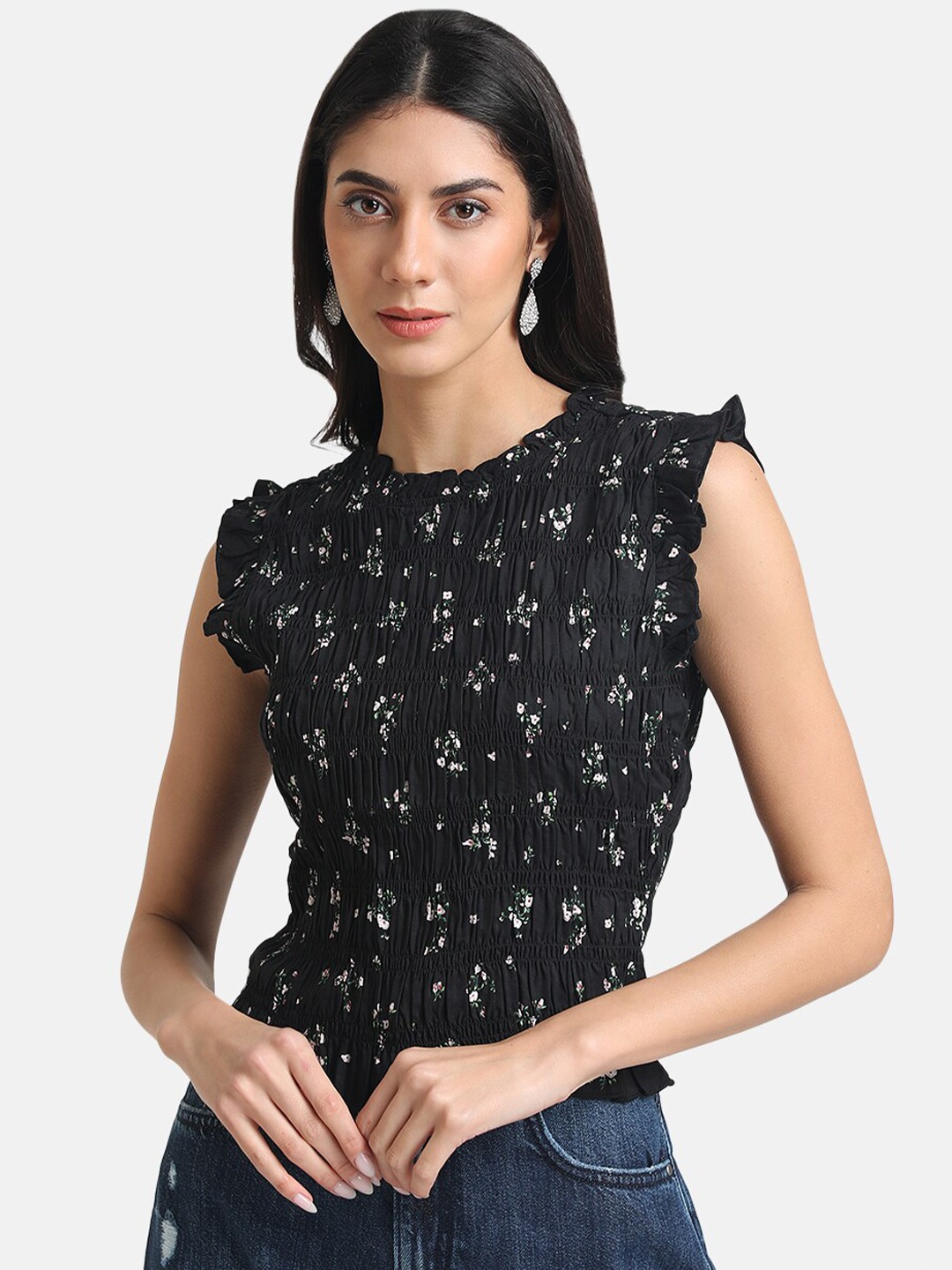 

Kazo Black Print Cinched Waist Top