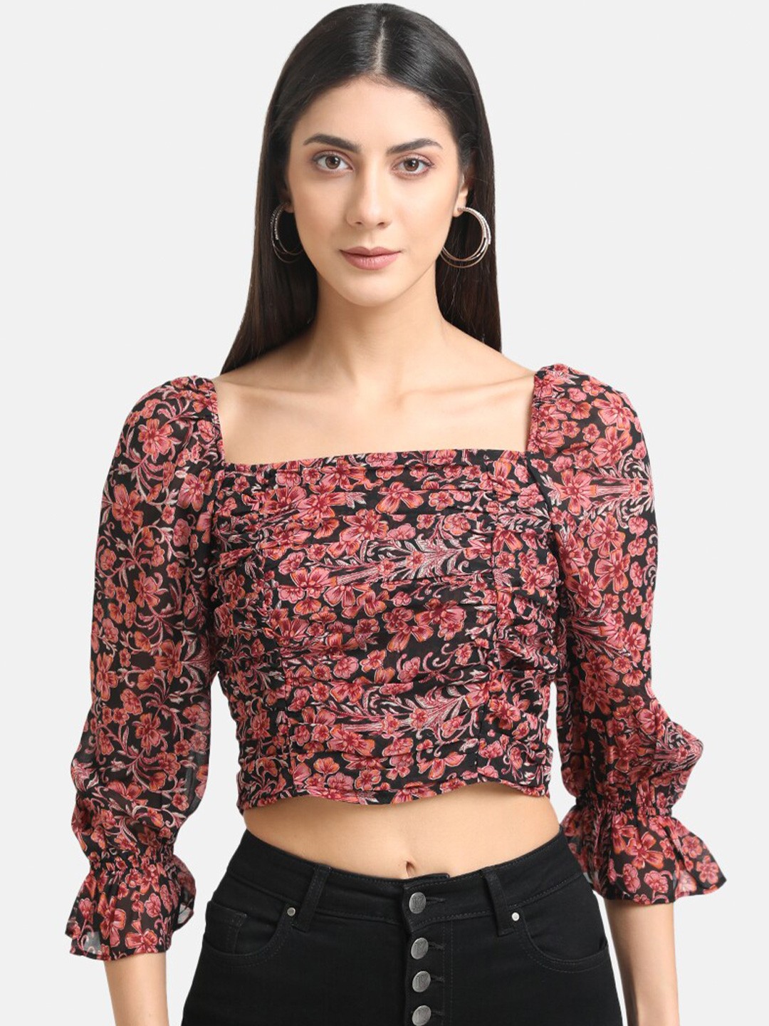 

Kazo Black & Red Floral Print Crop Top