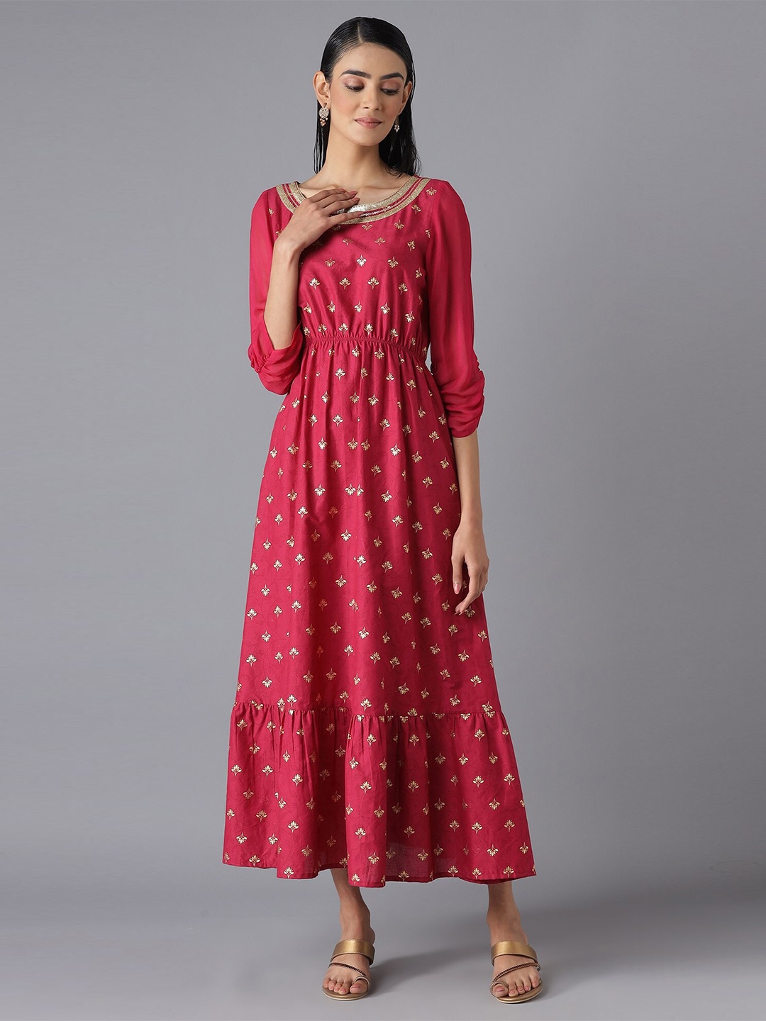 

AURELIA Festive Ethnic Motifs Maxi Cotton Dress, Pink