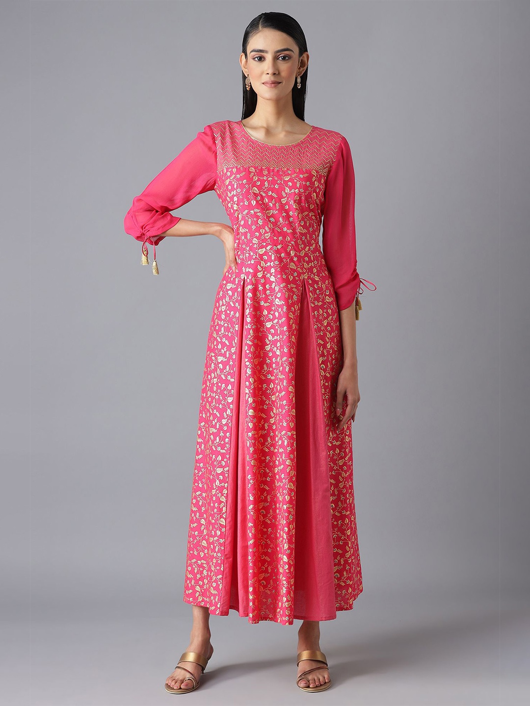 

AURELIA Women Pink & Gold-Toned Ethnic Motifs Cotton Maxi Dress