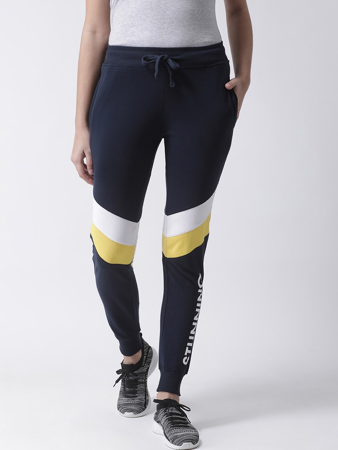 

Club York Women Navy Blue & Yellow Colourblocked Slim-Fit Joggers