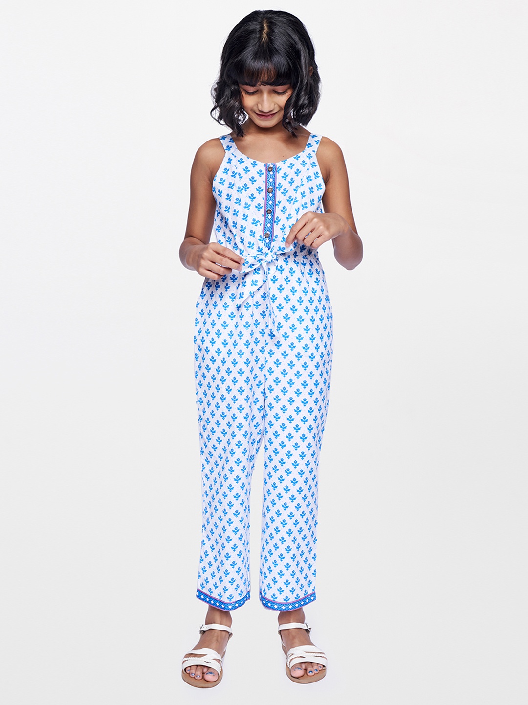 

Global Desi Girls White Printed Basic Jumpsuit