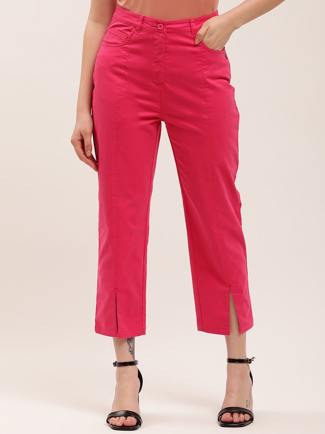 

ELLE Women Fucshia Pink Pure Cotton Trousers, Fuchsia