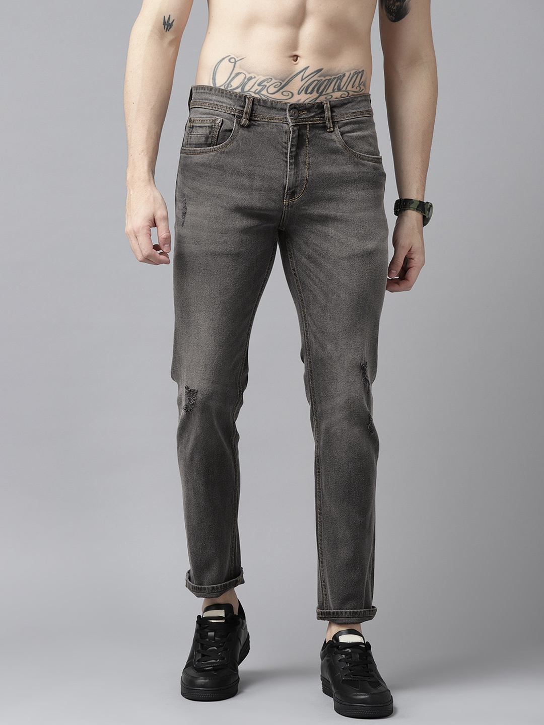 

Roadster Men Charcoal Grey Slim Tapered Fit Slash Knee Light Fade Stretchable Jeans