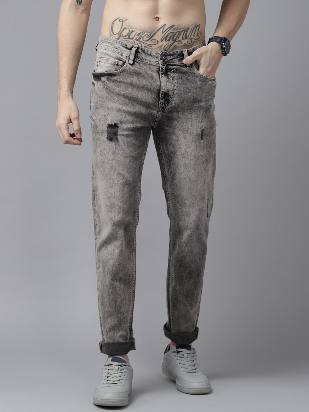 

Roadster Men Grey Slim Tapered Fit Low Distress Heavy Fade Stretchable Jeans