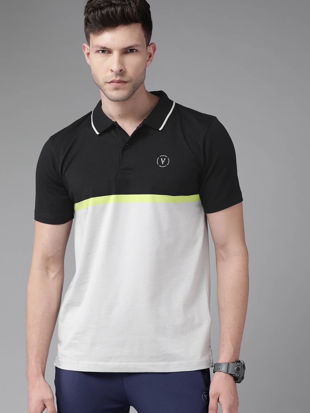 

Van Heusen Flex Men Black & White Colourblocked Polo Collar Active Fit T-shirt